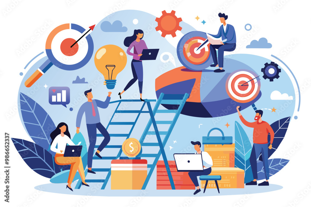 A group of professionals work together, using laptops, to reach their career aspirations in a vibrant setting, Collaborating with partners to achieve career goals, illustrated in a simple way.