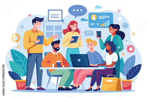 Team of professionals engaged in collaborative discussion with digital tools, Collaboration, teamwork, communication, discussion, partnership, business project, flat illustration.