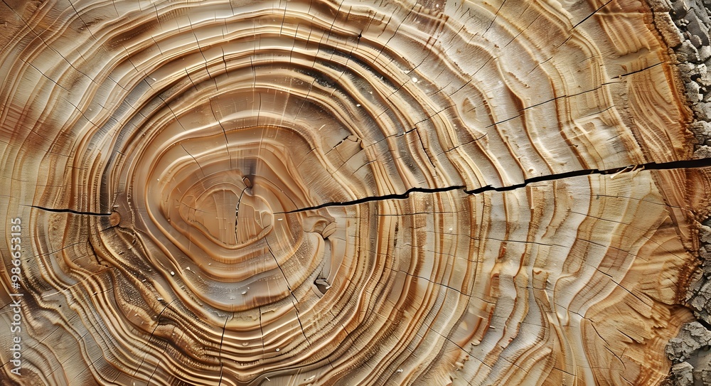 A Close-Up View of a Tree’s Life Through Its Rings and Cracks, Revealing the Beauty and Complexity of Growth Over Time. Close-up of a cross-section of a tree trunk.
