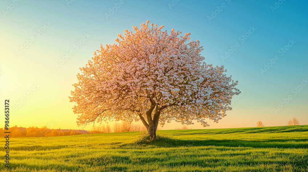 Blooming tree with white flowers in meadow at sunrise Blooming tree with white flowers in meadow at sunrise