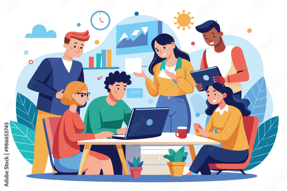 A diverse group of colleagues engages in a collaborative discussion during a startup meeting, Colleagues coworking in a startup meeting, discussing and working together as a team. Flat illustration. A diverse group of colleagues engages in a collaborative discussion during a startup meeting, Colleagues coworking in a startup meeting, discussing and working together as a team. Flat illustration.