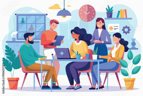 Colleagues collaborating in a modern startup meeting space while brainstorming ideas together, Colleagues coworking in a startup meeting, discussing and working together as a team. Flat illustration.