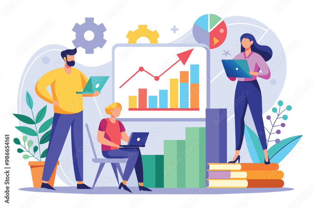 Obraz premium Three colleagues engage in studying growth charts while collaborating in an office environment, Colleagues studying growth charts, flat drawing.
