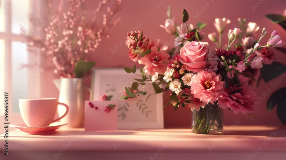 Fototapeta premium Romantic Flower Bouquet with Coffee in Soft Light