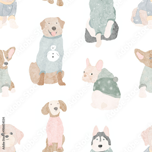 Photography Watercolor sitting dogs wearing winter sweaters seamless pattern illustration on