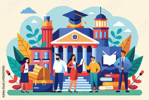 A vibrant scene shows students engaged in the college admission process in an academic environment, College admission Customizable Disproportionate Illustration simplified.