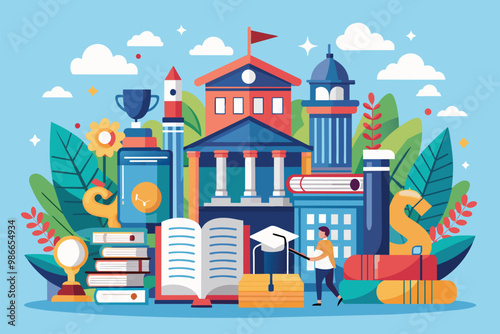 A student engages in a college project focused on preparation for entrance exams surrounded by books, College project, study for college entrance exam, university concept, flat illustration.