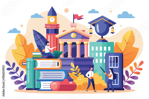 Students engage in an illustrated college project focused on strategies for entrance exam success, College project, study for college entrance exam, university concept, flat illustration.