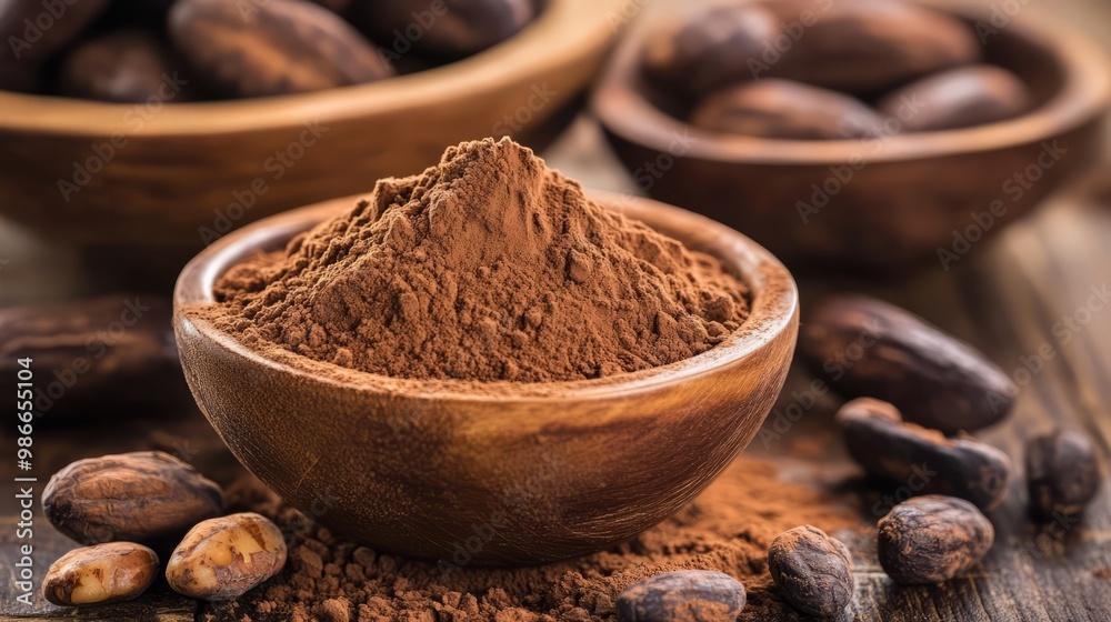 Cocoa Powder: Rich and Aromatic: An inviting bowl of cocoa powder, brimming with the essence of chocolate, sits alongside raw cocoa beans. Cocoa Powder: Rich and Aromatic: An inviting bowl of cocoa powder, brimming with the essence of chocolate, sits alongside raw cocoa beans.