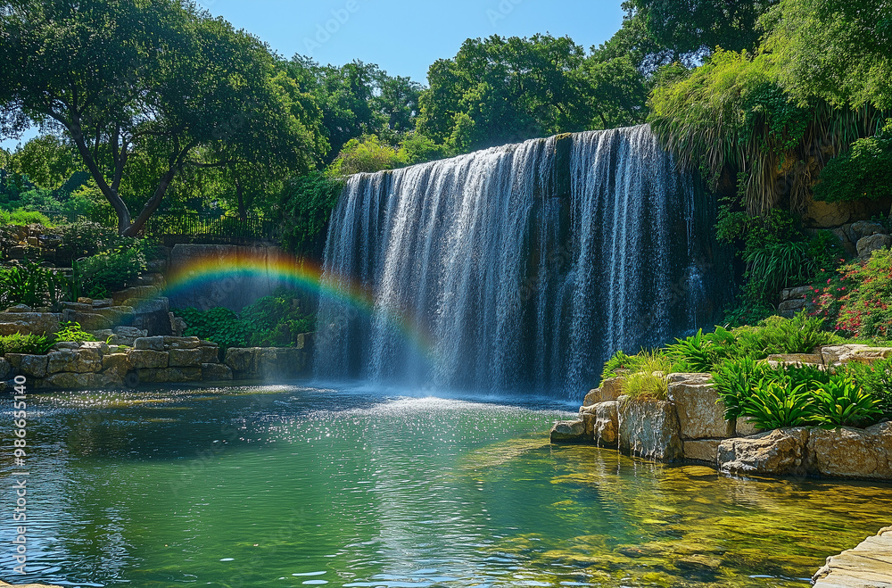 Picturesque Park Beauty: Cascading Waterfall Surrounded by Lush Greenery Picturesque Park Beauty: Cascading Waterfall Surrounded by Lush Greenery