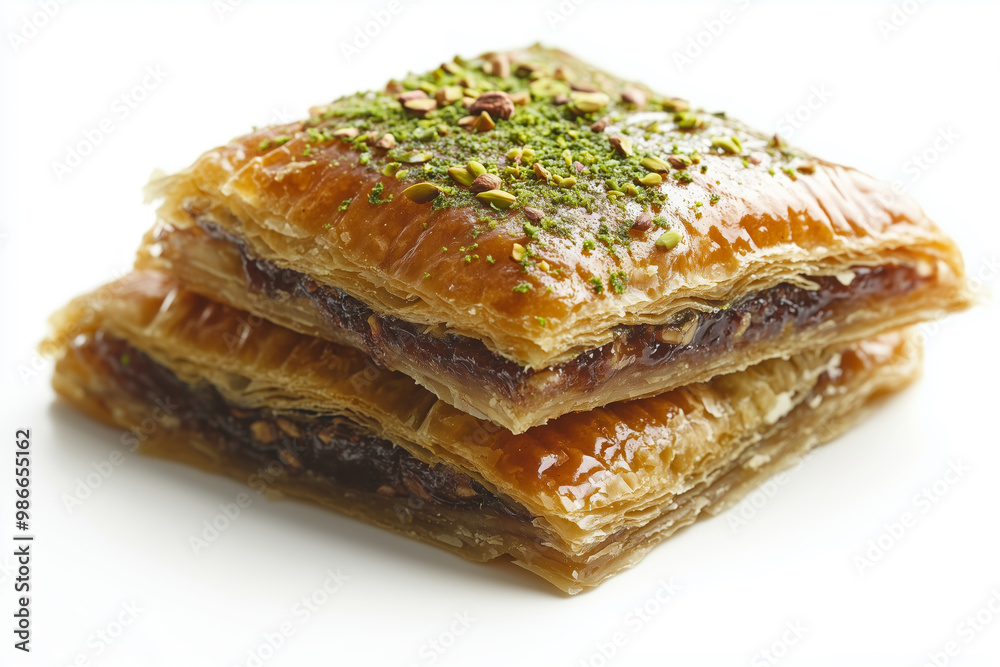 Deliciously crafted Turkish baklava with vibrant pistachio syrup served on a white plate for a delightful dessert experience Deliciously crafted Turkish baklava with vibrant pistachio syrup served on a white plate for a delightful dessert experience