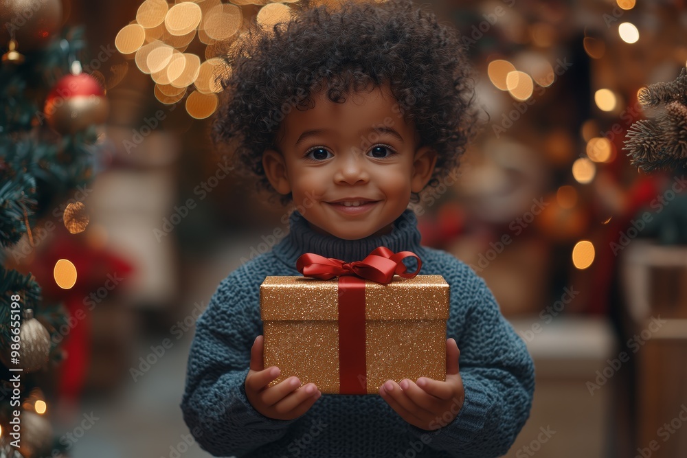 little boy is dressed in a blue sweater with curly hair, holding holding a big Christmas present with a red ribbon with christmas tree and bokeh lights in the background little boy is dressed in a blue sweater with curly hair, holding holding a big Christmas present with a red ribbon with christmas tree and bokeh lights in the background