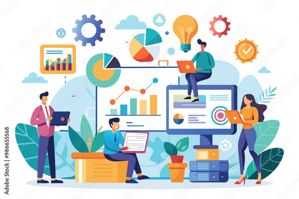 A group of professionals engaged in analyzing data and using digital tools for development insights, Company graphic info and analysis of development, illustrated in a flat style. A group of professionals engaged in analyzing data and using digital tools for development insights, Company graphic info and analysis of development, illustrated in a flat style.