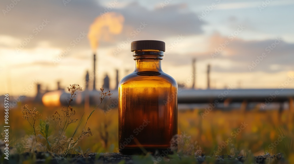 Industrial Pollution: A single brown glass bottle stands in a field of green grass, with a factory and smoke plume in the background. Industrial Pollution: A single brown glass bottle stands in a field of green grass, with a factory and smoke plume in the background.