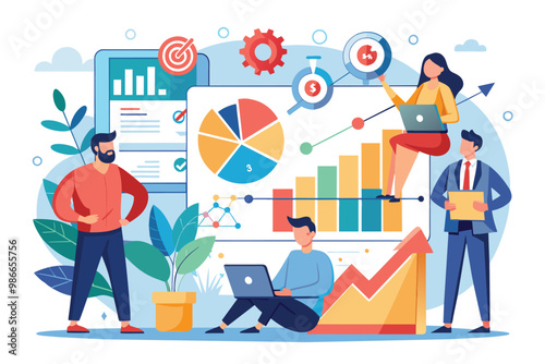 A team of professionals assesses company performance with graphs showing no growth trends in analysis, Company performance analysis, no growth illustration.