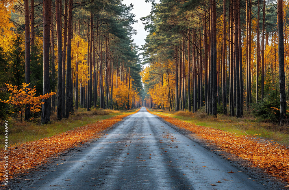 Fototapeta premium Deserted Coastal Road Lined with Tall Pines, Ground Covered in Leaves