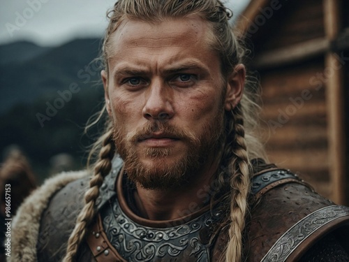 An attractive Viking man stands confidently outdoors, showcasing his braided hair and fierce expression amidst a rugged landscape.