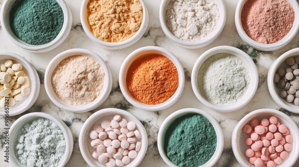 Vibrant Powders and Supplements: A colorful collection of health supplements and powders in small white bowls, arranged on a marble surface. A visually appealing image for health and wellness brands. Vibrant Powders and Supplements: A colorful collection of health supplements and powders in small white bowls, arranged on a marble surface. A visually appealing image for health and wellness brands.