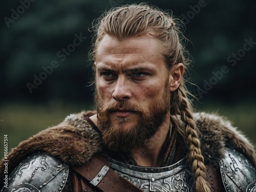 Attractive Viking man with long hair and beard in fur and armor standing outdoors in a lush green landscape during daylight.