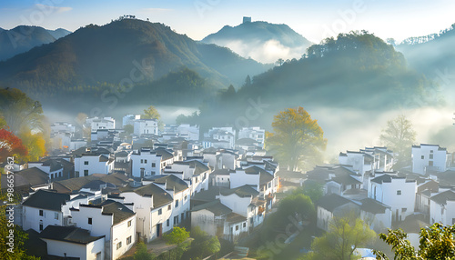 晨雾中的秋天的婺源古徽州美景 photo