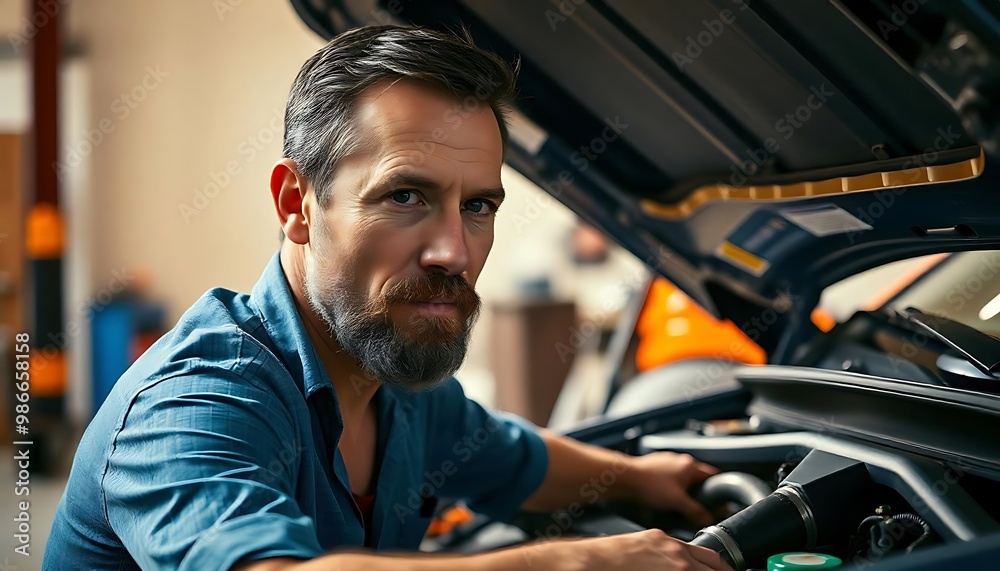 portrait of man working on a car engine under the car, car maintenance, Auto Service Worker, created with generative ai portrait of man working on a car engine under the car, car maintenance, Auto Service Worker, created with generative ai