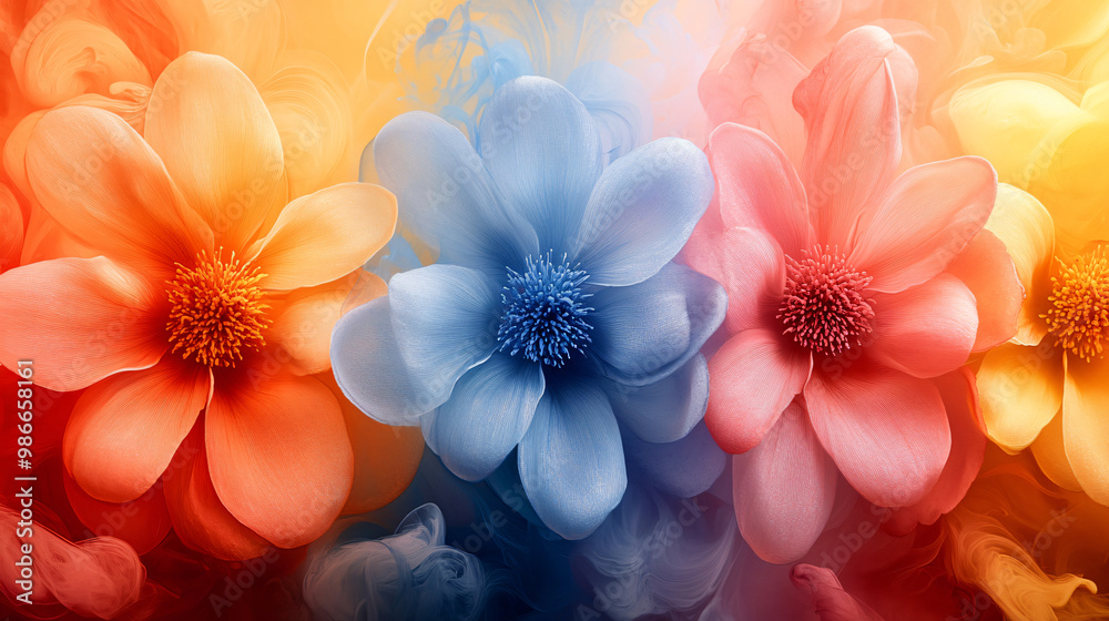 Obraz premium Abstract Surreal Floral Symphony Colorful Blossoms in Ethereal Smoke Colored Flowers Background