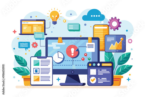 A digital workspace depicts software programming challenges with charts, notifications, and ideas, Computer software programming issues, illustrated in a flat style.