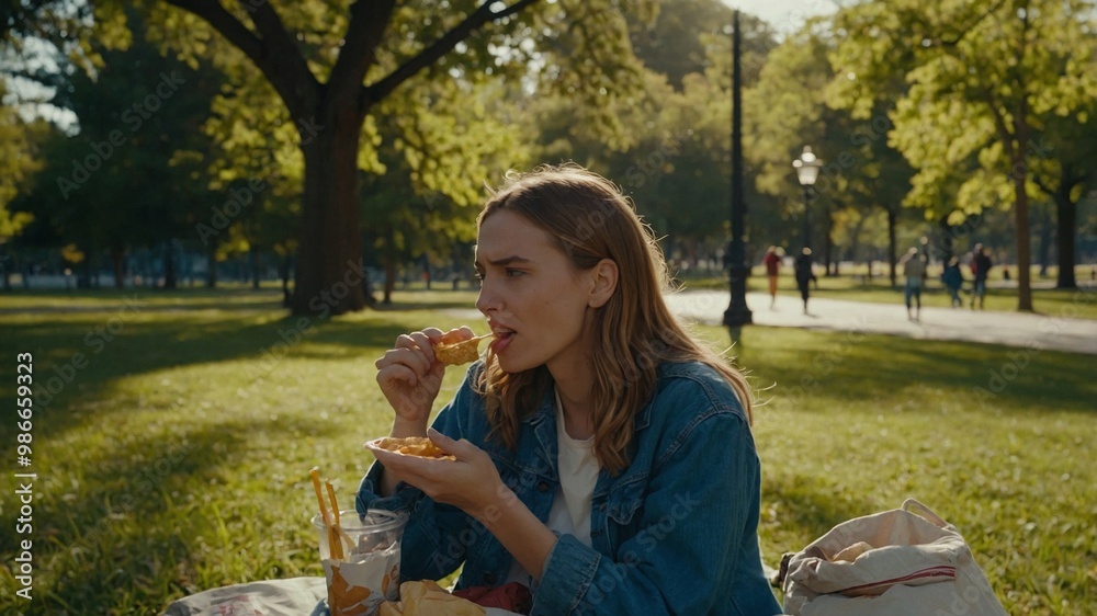 Fototapeta premium Enjoying a casual snack in a sunny park with friends during a beautiful afternoon.