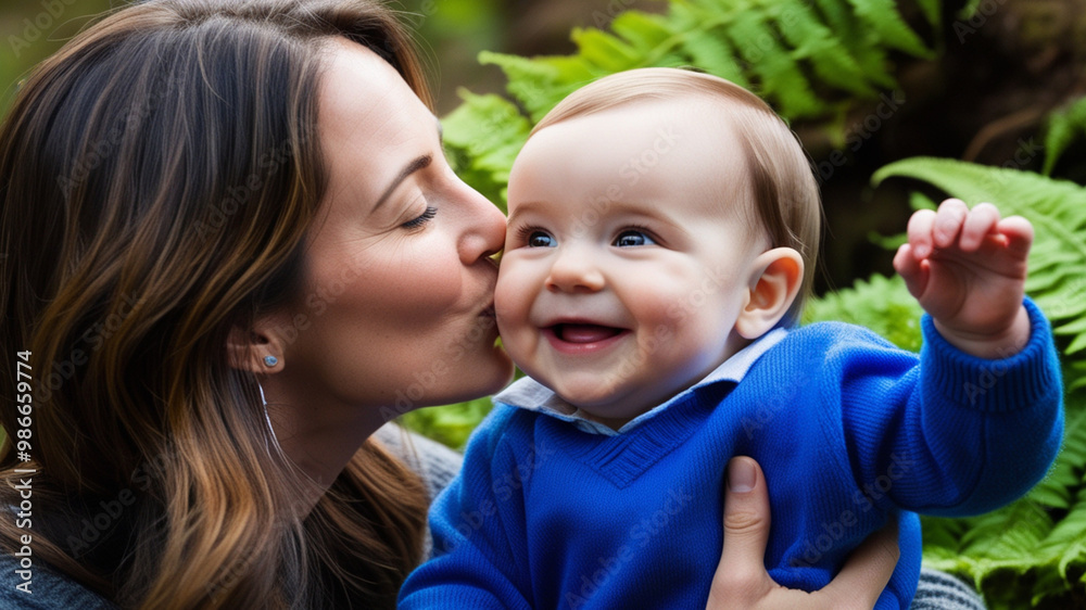 the Joy of Motherhood: Baby and Mom in a Fern-filled Park the Joy of Motherhood: Baby and Mom in a Fern-filled Park