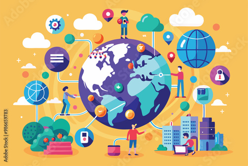 A colorful depiction of a connected world showcasing various customizable interactions and activities, Connected world with customizable and disproportionate illustrations.
