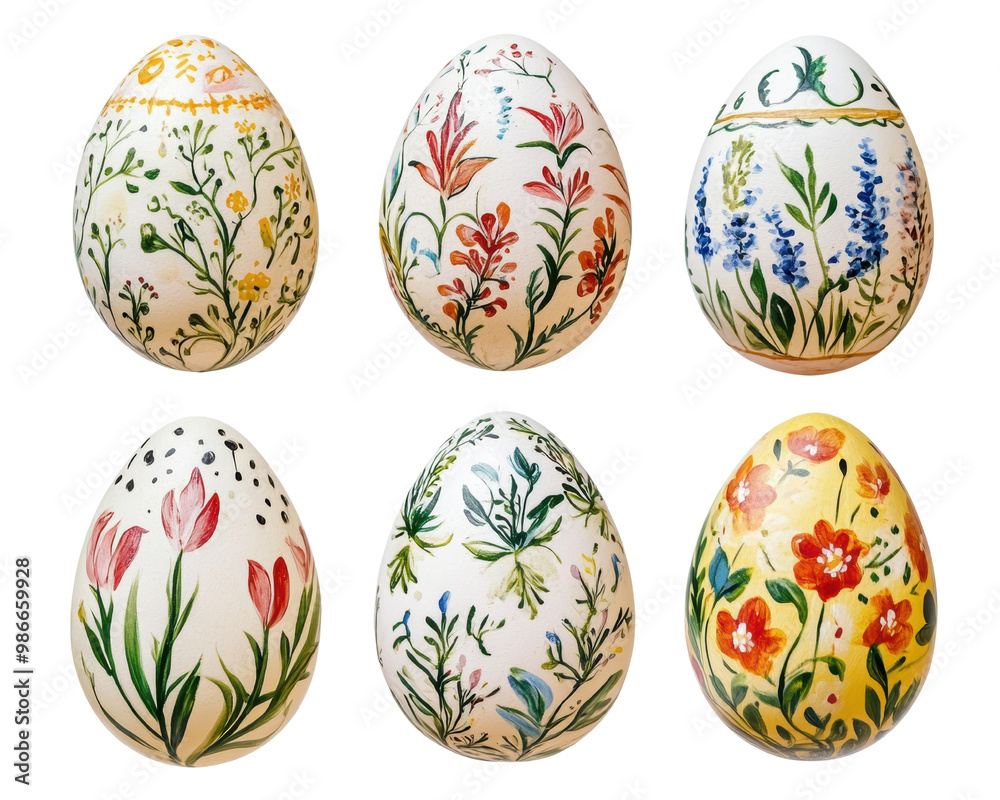 Decorative painted Easter eggs displaying floral designs on a white isolate background, transparent background. Decorative painted Easter eggs displaying floral designs on a white isolate background, transparent background.