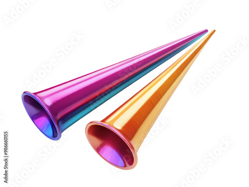 Two colorful party horns on a white isolated background, transparent background. photo