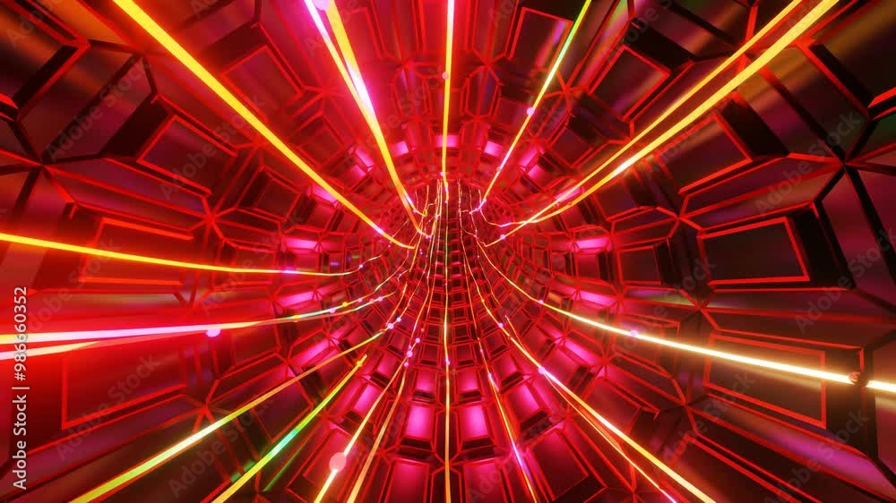 3d animated illustration of futuristic infinity tunnel with red and yellow neon lights 3d animated illustration of futuristic infinity tunnel with red and yellow neon lights