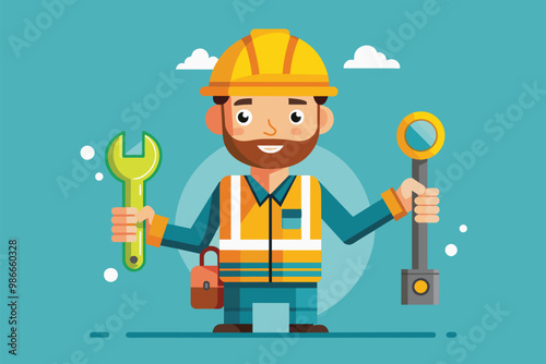 A construction worker smiles while holding keys and a wrench in a colorful flat illustration, Construction worker holding keys in a flat illustration is trending.