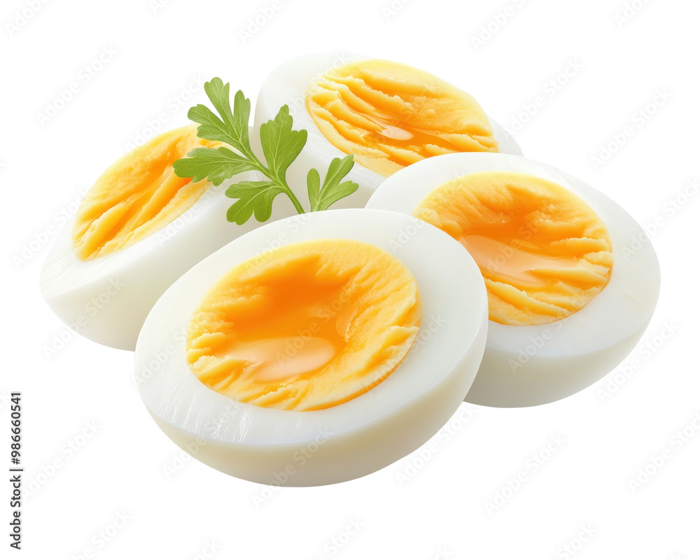 Delicious sliced hard-boiled eggs with a touch of parsley on a white isolate background, transparent background. Delicious sliced hard-boiled eggs with a touch of parsley on a white isolate background, transparent background.