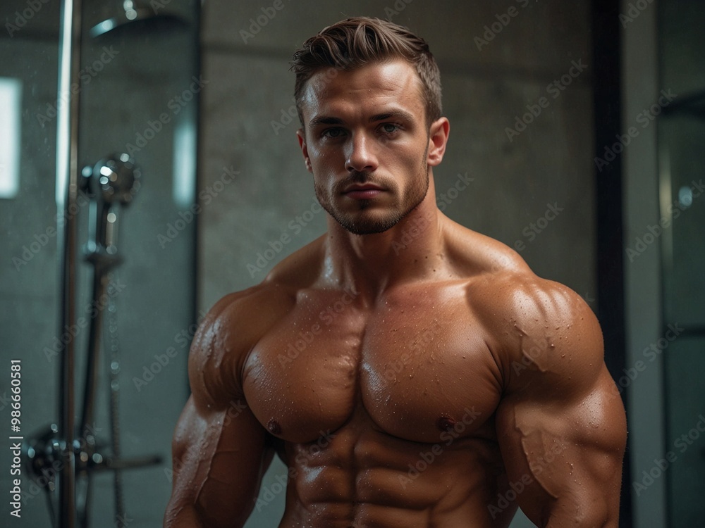 Fototapeta premium Attractive shirtless man showcasing impressive physique in a gym setting during daylight.