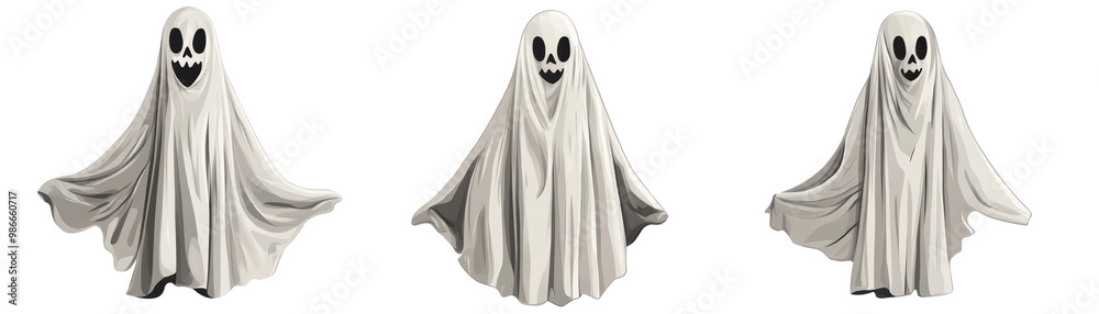 Three playful cartoon ghosts with happy expressions, isolated on a white background, transparent background. Three playful cartoon ghosts with happy expressions, isolated on a white background, transparent background.