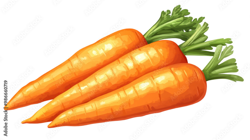 Three fresh orange carrots with green tops, isolated on a white background, transparent background.