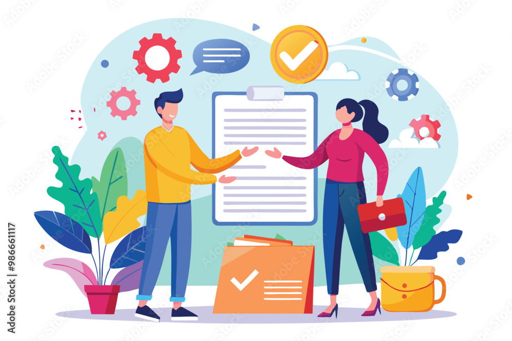 Two people engage in a discussion about a cooperation contract, surrounded by colorful illustrations, Contract for business cooperation, with flat illustrations. Two people engage in a discussion about a cooperation contract, surrounded by colorful illustrations, Contract for business cooperation, with flat illustrations.