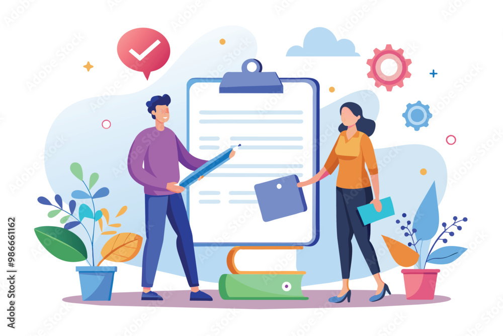 Two professionals discuss and finalize a business cooperation contract amidst plants and tools, Contract for business cooperation, with flat illustrations. Two professionals discuss and finalize a business cooperation contract amidst plants and tools, Contract for business cooperation, with flat illustrations.