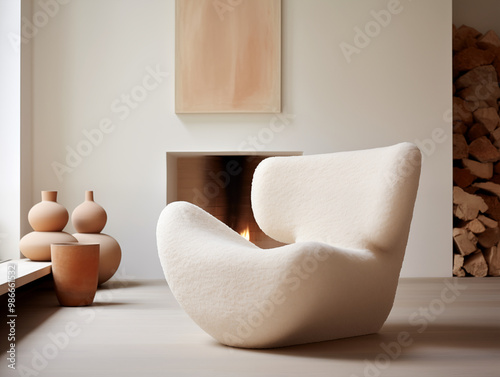 Simple minimalist interior living room with beige walls and abstract assymetric boucle chair in light color.  photo