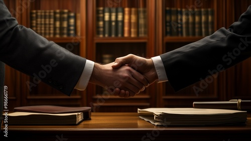 A handshake between a lawyer and a client in a wood-paneled office, with legal books and documents on the table photo