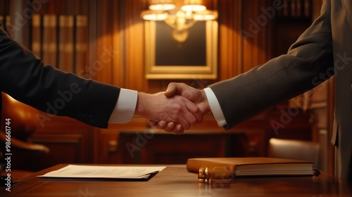 A handshake between a lawyer and a client in a wood-paneled office, with legal books and documents on the table photo