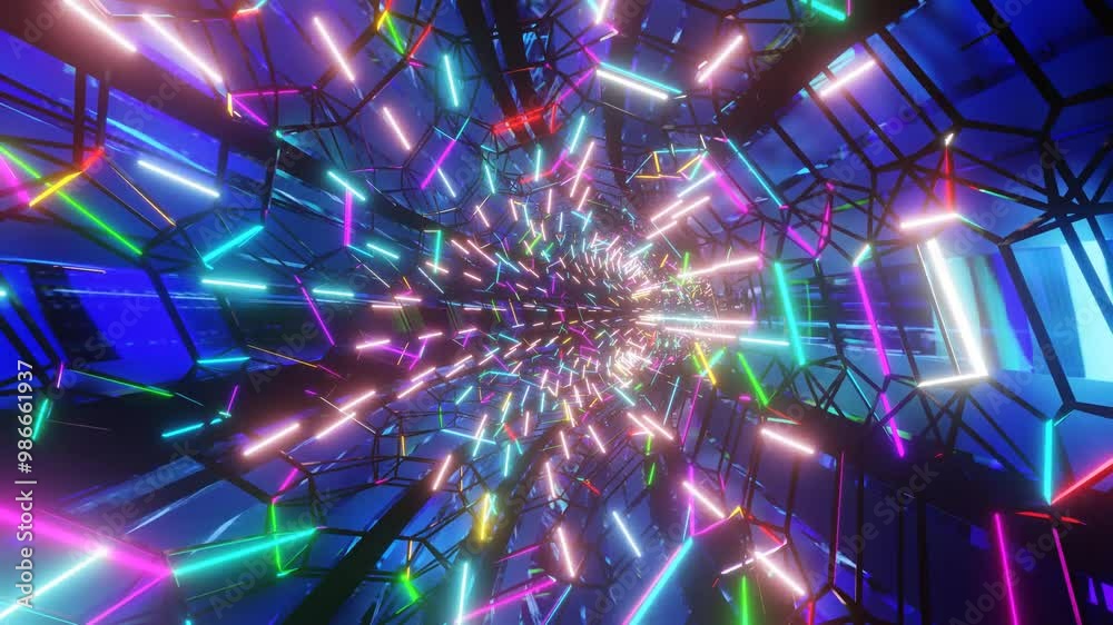 3d animated illustration VJ loop of futuristic infinity neon tunnel - for visual music videos
