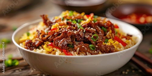 Crispy Shredded Beef in Sweet Chili Sauce with Egg Fried Rice Served in a White Bowl