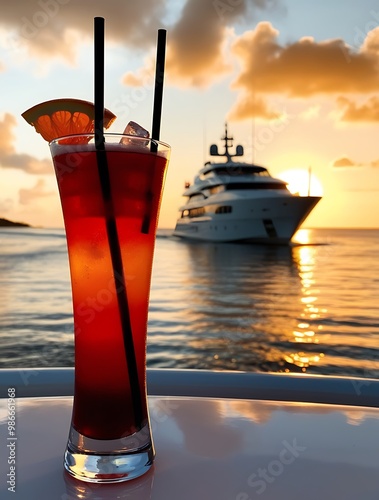 an orange drink sitting on top of a table next to a boat in the ocean, (15) photo