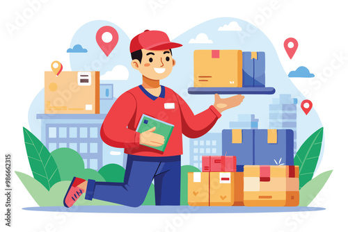 A courier is kneeling and holding a tray of flat parcels while surrounded by neatly arranged boxes, Courier delivers flat parcels.