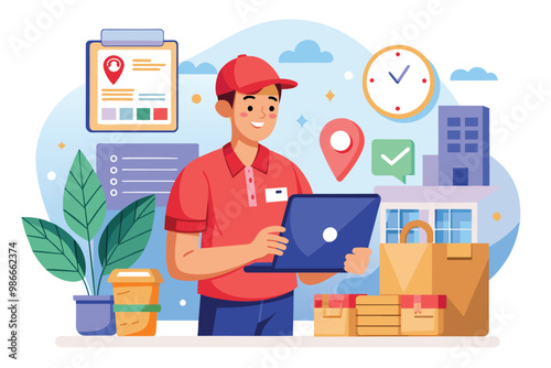 A courier interacts with a tablet while preparing to deliver orders in a lively urban environment, Courier delivers orders, flat illustration.