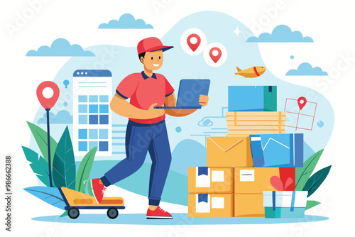 A courier is actively delivering online orders, using a laptop while managing multiple packages outdoors, Courier delivers orders, flat illustration.