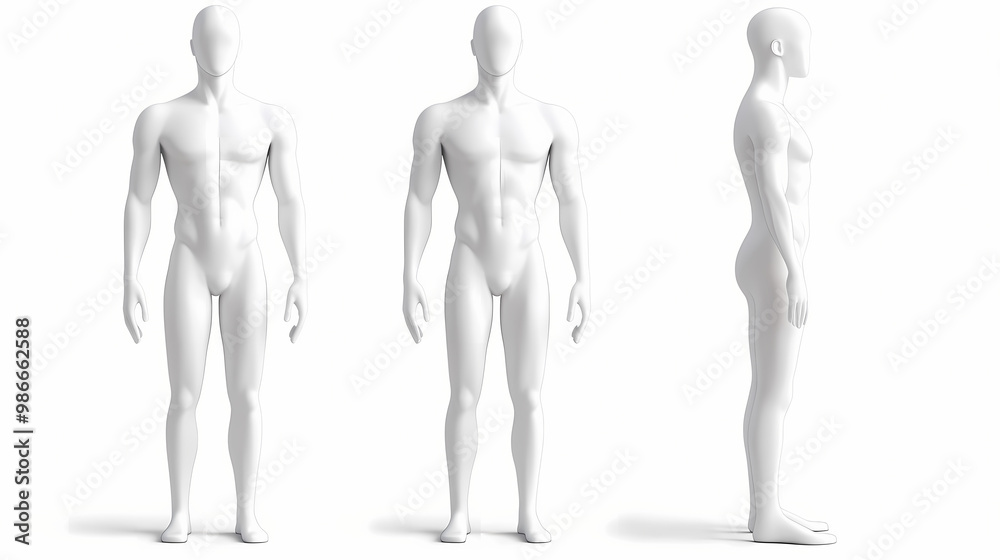 White plastic male mannequin for clothes. set from the side, front and back view. commercial equipment for shop windows. 3d illustration isolated on a white background. 3D Modeling. Illustration White plastic male mannequin for clothes. set from the side, front and back view. commercial equipment for shop windows. 3d illustration isolated on a white background. 3D Modeling. Illustration